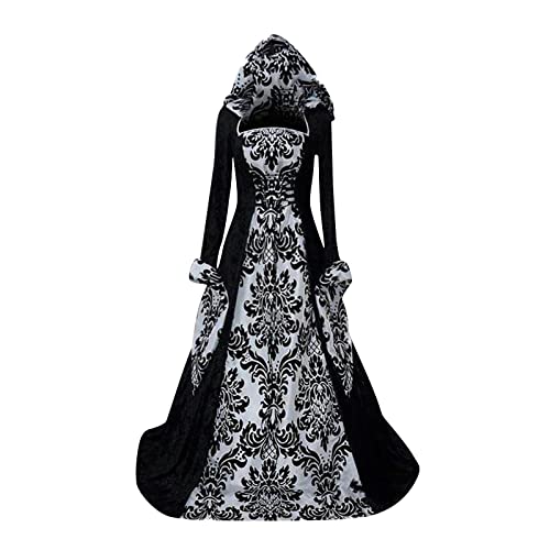 MOKBAY Langarm Damen Kleid Mit Kapuze Gothic Halloween BöSe KöNigin Kostüm Mittelalter Kleidung Damen Vintage Royal Retro Halloween Kostüm Woman Cosplay Geisterbraut Weiß M von MOKBAY