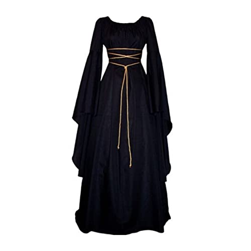 MOKBAY Langarm Hippie Kostüm Damen Kleid Halloween Mittelalter Kleidung Damen Mittelalter Vintage Hexen Kleid Fasching Kostüm VampirKostüm Woman Dress Halloween Erwachsene Schwarz S von MOKBAY