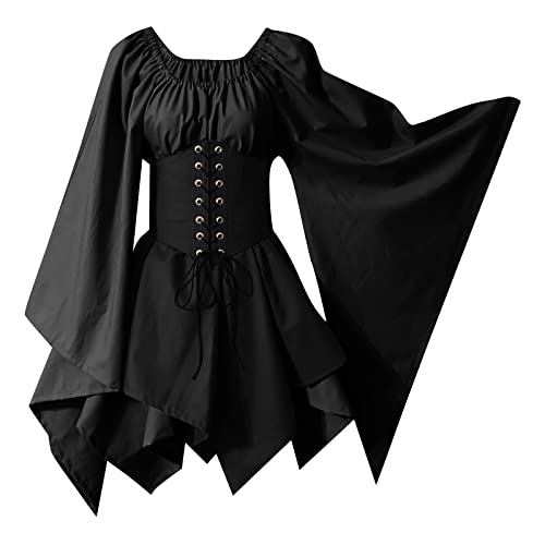 MOKBAY Mittelalter Kleidung Damen Halloween Tunika Kleid Kurz Gothic Fasching Kostüm Erwachsene für Cosplay Fledermaus Langarm Patchwork Dress Coole Karnevalskostüme für Frauen B-Schwarz S von MOKBAY