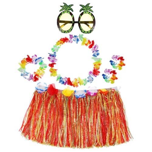 MOKKHNB 1Satz Hawaiianisches Kostümset für Partys Teiliges mit Grasrock Blumenkette und Sonnenbrille Leichtem für Luau Strandfeste und Sommerfestivals von MOKKHNB