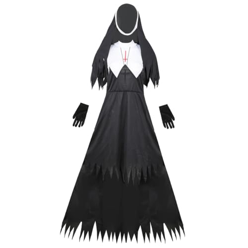 MOKKHNB Halloween Nonnenkostüm Erwachsene Gruselige Zombie Uniform Partykostüm für Damen Fasching Karneval Cosplay Festliche Verkleidung von MOKKHNB