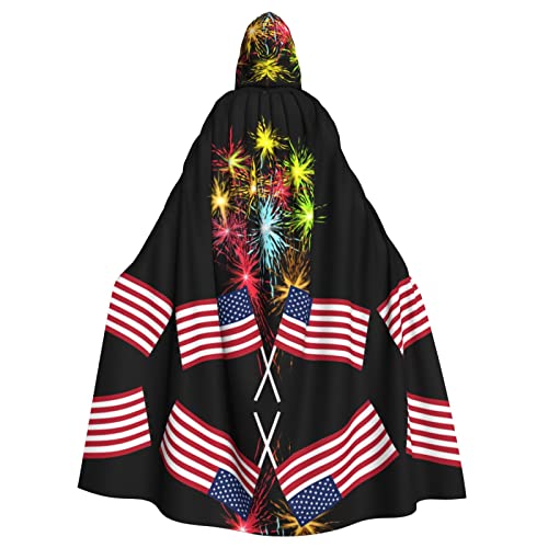 MOLIAE Independence Day Amerika-Flagge, Feuerwerk, bedruckt, Unisex, Erwachsene, langer Kapuzenumhang für Halloween, Karneval, Cosplay, Kostüme, Hexenkostüm von MOLIAE