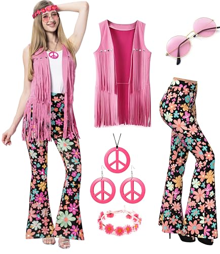 MOLLDAN Damen 60er 70er Jahre Outfits Hippie Kostüm Retro Friedenszeichen Fransen Weste Schlaghose Set für Halloween Party, Braun-01, S von MOLLDAN