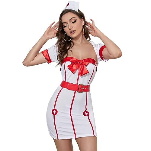 MOLUCI Frauen Sexy Dessous Set Krankenschwester Uniform Kostüm Freches Kleid Schlafzimmer Flitterwochen Cosplay Roleplay Halloween Outfit,Weiß,S von MOLUCI