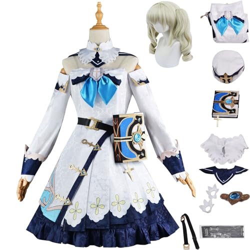 MOLUCI Genshin Impact Cosplay Set,Spiel Charakter Barbara Cosplay Uniform voll,Halloween Karneval Party Kleid,Mit Perücke Hut,Frauen Mädchen Dress Up,Weiß,M von MOLUCI