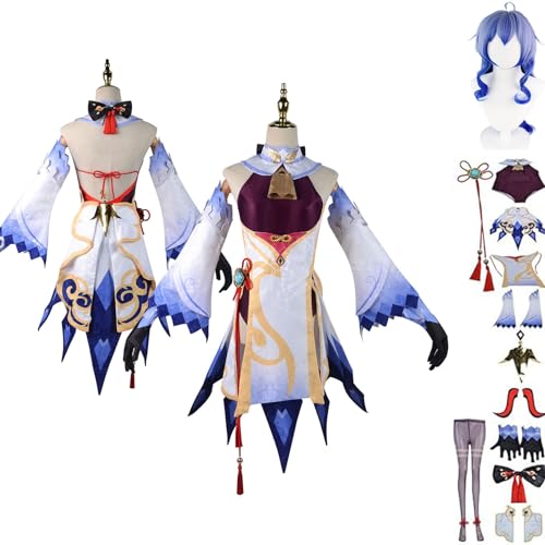 MOLUCI Genshin Impact Cosplay Set,Spiel Charakter Ganyu Cosplay Uniform voll,Halloween Karneval Party Kleid,Mit Perücke,Frauen Mädchen Dress Up,Weiß,L von MOLUCI