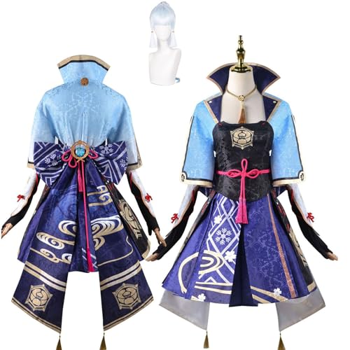 MOLUCI Genshin Impact Cosplay Set,Spiel Charakter Kamisato Ayaka Cosplay Uniform Full,Halloween Karneval Party Kleid,Mit Perücke,Frauen Mädchen Dress Up,Blau,S von MOLUCI