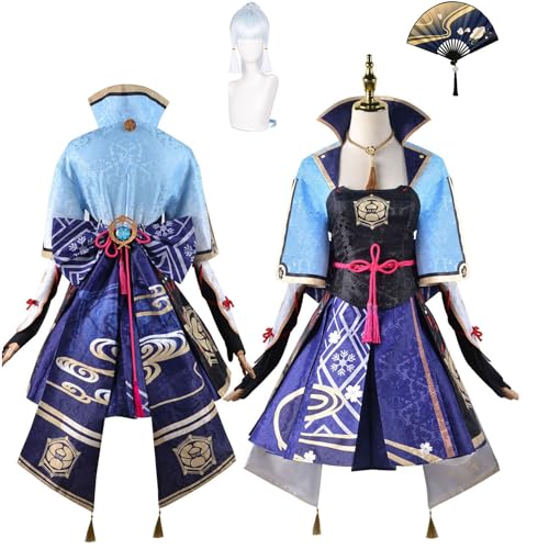 MOLUCI Genshin Impact Cosplay Set,Spiel Charakter Kamisato Ayaka Cosplay Uniform Full,Halloween Karneval Party Kleid,Mit Perücke und Fächer,Frauen Mädchen Dress Up,Blau,M von MOLUCI