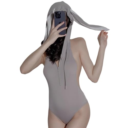 MOLUCI Sexy Bodysuit-Dessous für Frauen Kawaii-Häschen-Cosplay-Kostüm Kordelzug Kapuze Rückenfrei Einteiliges Babydoll,Grau,M von MOLUCI