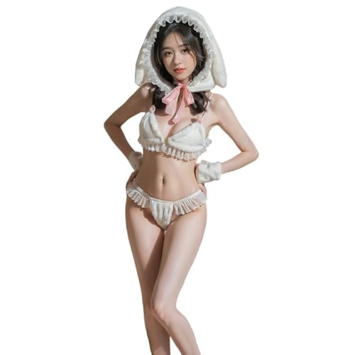 MOLUCI Sexy Dessous-Set für Damen, Kawaii-Häschen-Plüsch-Cosplay-Kostüm (1 Kapuze, 1 Paar pelzige Handgelenksmanschetten, 1 BH, 1 Höschen),Weiß,L von MOLUCI
