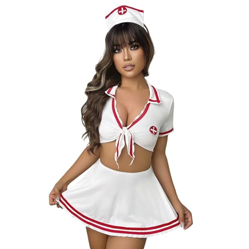 MOLUCI Sexy Freches Krankenschwester-Kostüm für Damen 4-teilig Krankenschwester-Uniform Dessous Halloween Cosplay-Outfit,Weiß,L von MOLUCI