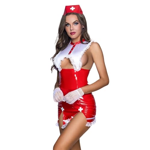 MOLUCI Sexy Krankenschwester-Dessous-Set für Damen, PU-Leder Spitze Ausgehöhlt Krankenschwester Cosplay Halloween-Kostüme Clubwear,Rot,M von MOLUCI