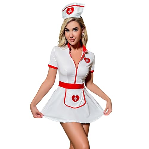 MOLUCI Sexy Krankenschwester-Uniform für Damen 3-teilig Babydoll Dessous Freches Cosplay-Kleid Halloween-Kostüm,Weiß,M von MOLUCI
