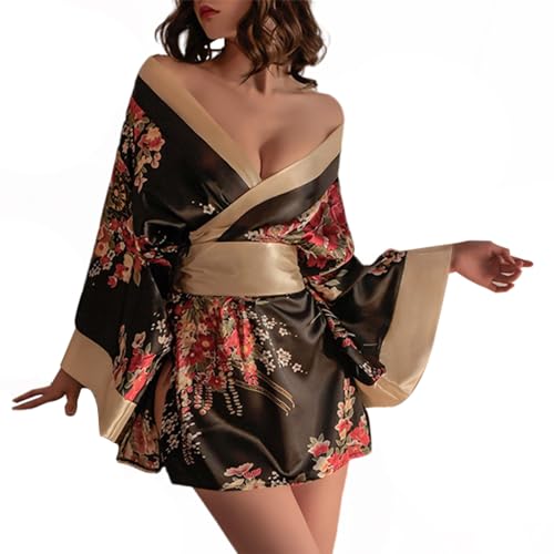 MOLUCI Sexy Kurzes Kimono Dessous Für Damen Mit Hohem Schlitz Bedrucktes Kleid Pyjama Cosplay Dessous-Set,Schwarz,L von MOLUCI