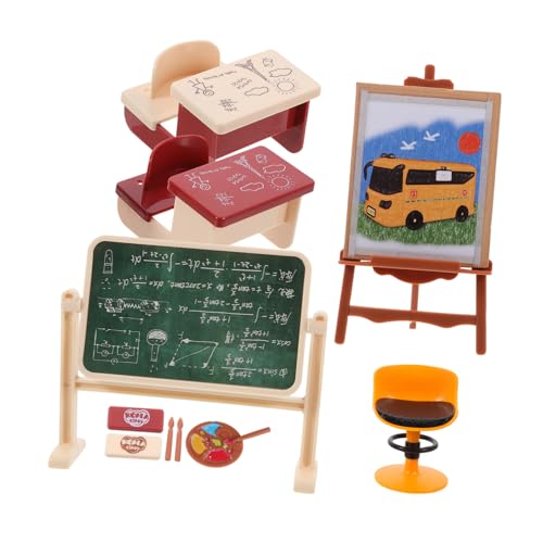 MOLUCKFU Miniatur Klassenzimmer Modell Set Mini Schreibtisch und Stühle Tafel Puppenhaus Zubehör für Realistische Miniatur Wohnkultur und von MOLUCKFU