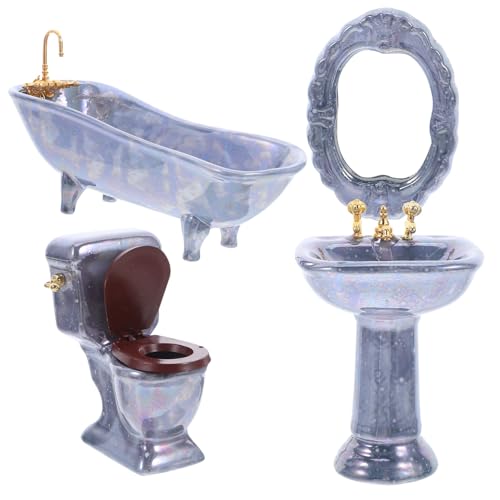 MOLUCKFU Miniatur-Porzellan-Badezimmer-Set für Puppenhaus Mini-Badezimmer mit Badewanne Wc Waschbecken und Spiegel Realistische Langlebige Möbel für Puppenhaus-Dekoration und Sammler von MOLUCKFU