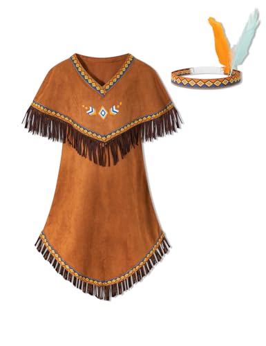 Indianer-Kleid für indische Mädchen, Thanksgiving-Outfit mit Stirnband (Braun, 5–6 Jahre) von MOMMY'S NEW MAN