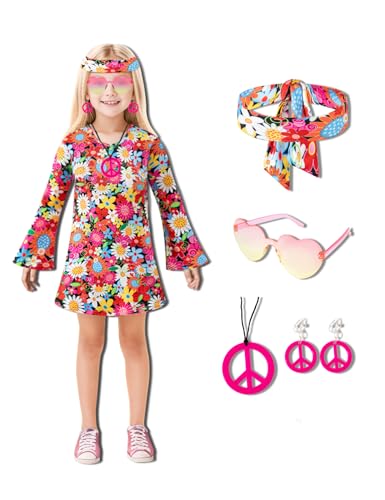 MOMMY'S NEW MAN Kleinkind Mädchen 60er 70er Jahre Outfits Hippie Blumen Kleid Hippie Outfits Zubehör Set (4-5 Jahre) von MOMMY'S NEW MAN