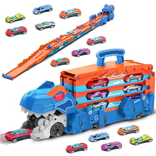 MOMOSTAR Dinosaurier Transport Truck Auto Spielzeug, 185 cm Spur Rennwagen Autotransporter Spielzeug, 3 in 1 Auswurf Folding Portable Track Auto mit 10 Mini Rennwagen, Kinderspielzeug ab 3 Jahre von MOMOSTAR