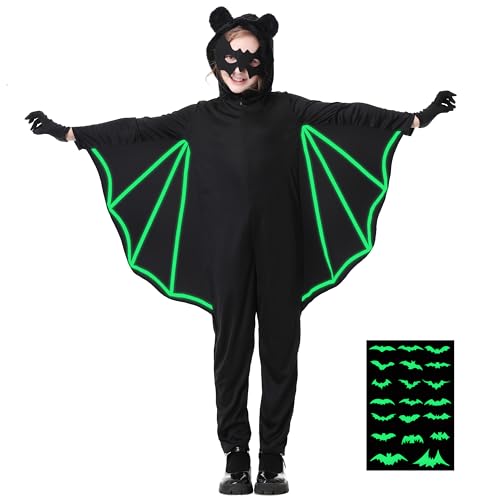 MOMOSTAR Fledermaus Kostüm Kinder, Halloween Leuchtende Fledermausanzüge, Fledermauskostüm Kinder mit Maske und Handschuhe, Halloween Fledermaus-Einteiler Kostüme für Mädchen Junge MOMOSTAR Fledermaus Kostüm Kinder, Halloween Leuchtende Fledermausanzüge, Fledermauskostüm Kinder mit Maske und Handschuhe, Halloween Fledermaus-Einteiler Kostüme für Mädchen Junge von MOMOSTAR