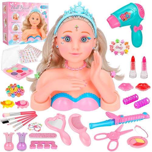 MOMOSTAR Frisierkopf Kinder Set, 62 Stück Schminkkopf und Frisierkopf für Mädchen, Schminkpuppe mit Kinderschminke Friseur Zubehör Nagellack, Frisierpuppe Geschenk für Mädchen ab 3 4 5 6 Jahre von MOMOSTAR