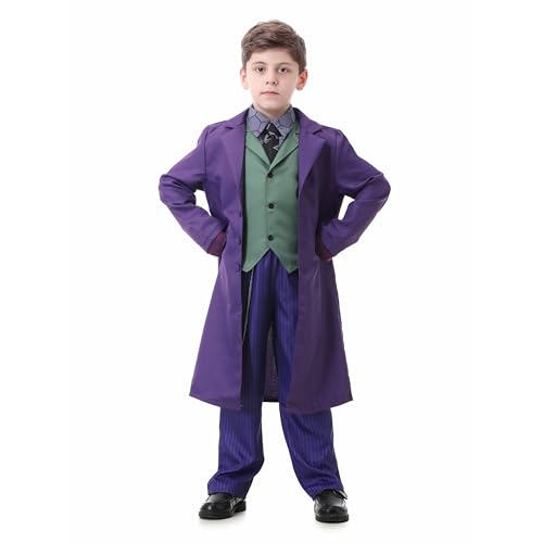 MOMOSTAR Halloween Joker Kostüm Kinder, Horror Clown Kostüm Kinder, Killer Joker Outfit mit Lila Mantel Weste Hose Krawatte, Clown Kinderkostüm, Pennywise Cosplay Outfits für Halloween Party Karneval von MOMOSTAR