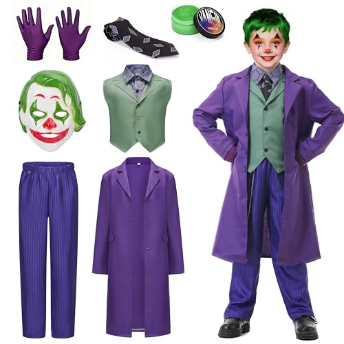 MOMOSTAR Halloween Kostüm Kinder, Joker Kostüm Kinder Horror, Killer Joker Kinderkostüm mit Maske Lila Mantel Weste Hose Krawatte, Clown Outfit für Halloween Cosplay Party Karneval Fasching von MOMOSTAR