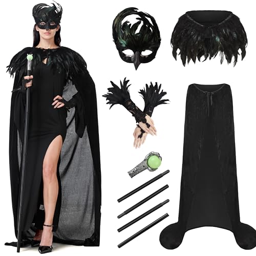 MOMOSTAR Malefiecent Kostüm, 5 Teiliges Teufel Kostüm Damen, Halloween Accessoires Malefiecent mit Feder Schal Maske Zauberstäbe,162cm Teufel Umhang für Halloween Karneval Cosplay (Kein Rock) von MOMOSTAR