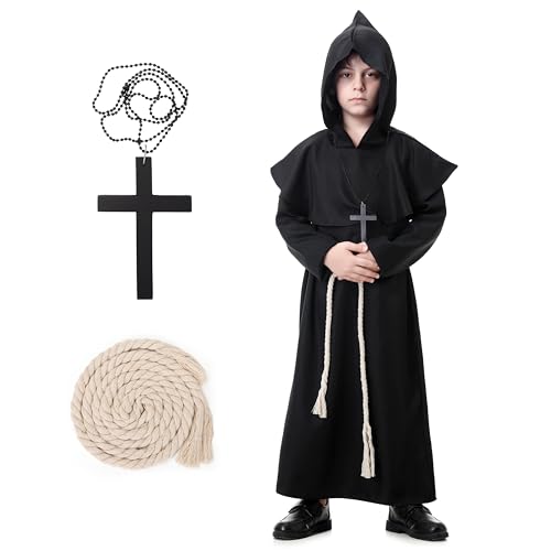 MOMOSTAR Mönch Kostüm Kinder, Kostüm Mönch Robe Priester Mönchskostüm, Mittelalterliche Robe mit Kapuze, Mittelalter Halloween Kostüm Herren für Mottoparty Halloween Karneval Fasching (130cm) von MOMOSTAR