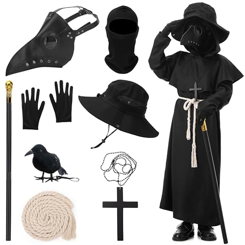 MOMOSTAR Pestdoktor Kostüm Kinder, Plague Doctor Costume für Junge, Mittelalter Pest Doktor Set mit Pestdoktor Maske, Zepter, Hut, Halloween Cospaly Kostüm für Karneval Fasching (130cm) von MOMOSTAR