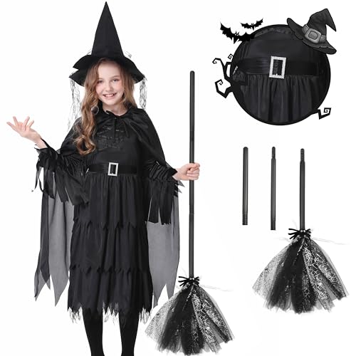 MOMOSTAR Hexenkostüm Kinder, Schwarze Hexen Kostüm Mädchen, Halloween Kostüm Hexe mit Hexenbesen & Hexenhut, Halloween Karneval Fasching Kostüm für Kinder Rollenspiel Party(S) von MOMOSTAR