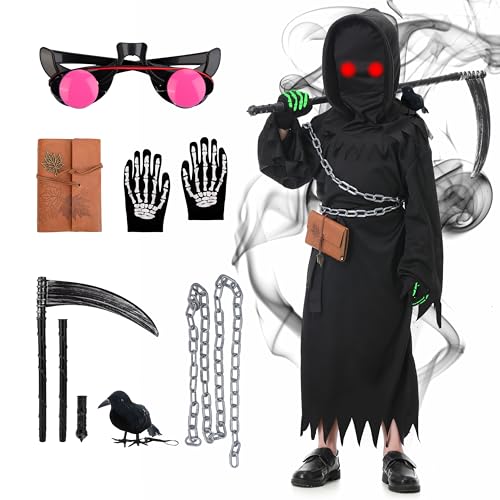 MOMOSTAR Sensenmann Kostüm Kinder, Halloween Kostüm Sensenmann Jungen mit Kapuze, Sense, Leuchtende Handschuhe und Leuchtbrille, Phantom Costume Jungen für Halloween Party Cosplay (S) von MOMOSTAR