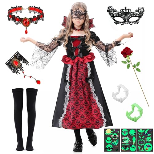 MOMOSTAR Halloween Kostüm Kinder Vampir, Vampirkostüm Mädchen mit 10PCS Zubehör, Gothic Vampir Kostüm Kleid Verkleidung, Halloween Verkleidung Mädchen Fasching Karneval Cosplay Party Kleid von MOMOSTAR