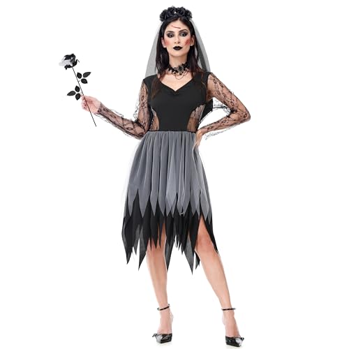 MOMOSTAR Zombie Braut Kostüm Damen Halloween, Corpse Bride Kostüm Geisterbraut Zombie Erwachsene Halloween Costume Kleid Damen Inklusive Rosen, Schleier, Halskette Und Tattoo-Aufklebern von MOMOSTAR