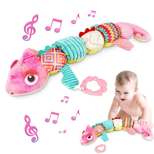 MOMSIV Baby Stofftier Spielzeug, Dinosaurier Musical Kuscheltier Plüschtier Spielzeug mit Lineal, Greifling für Baby, Niedlich Stofftier Spielzeug Geschenk für Jungen und Mädchen, Rosa von MOMSIV