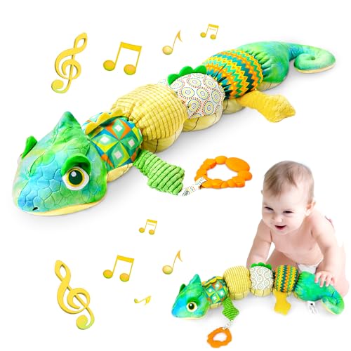 MOMSIV Dinosaurier Musical Kuscheltier Plüschtier Spielzeug mit Lineal, Greifling für Baby, Niedlich Stofftier Spielzeug Geschenk für Jungen und Mädchen, Grün von MOMSIV