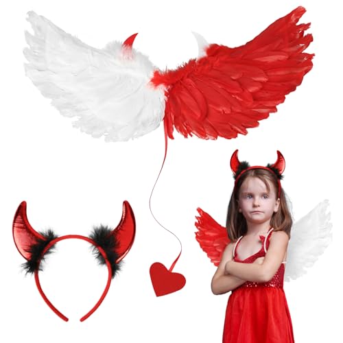 MONCAP 2STK Teufel Flügel Kinderkostüm Halloween Teufel Kostüm Mädchen Rote Weiß Teufelsflügel mit Teufel Ohren Teufelsflügel Kostüm für Mädchen Halloween Cosplay Party Karneval Fasching Maskerade von MONCAP