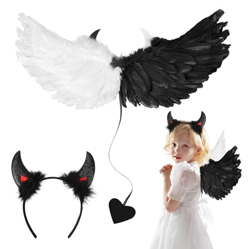 MONCAP 2STK Teufel Flügel Kinderkostüm Karneval Teufel Kostüm Mädchen Schwarz Weiß Teufelsflügel mit Teufel Ohren Teufelskostüm für Mädchen Kinder Karneval Fasching Maskerade Halloween Cosplay Party MONCAP 2STK Teufel Flügel Kinderkostüm Karneval Teufel Kostüm Mädchen Schwarz Weiß Teufelsflügel mit Teufel Ohren Teufelskostüm für Mädchen Kinder Karneval Fasching Maskerade Halloween Cosplay Party von MONCAP
