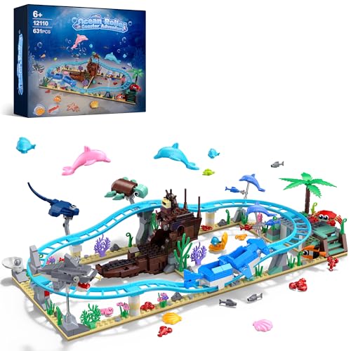 MONOFUN Ozean-Achterbahn-Abenteuerpark-Bausatz, Freunde-Bausteine mit U-Boot, Delfinen, Fischen, Muscheln, Wasserpark-Karneval STEM-Spielzeug, Geburtstagsgeschenk für Jungen & Mädchen ab 6 Jahren von MONOFUN