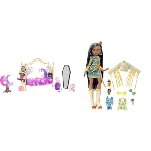MONSTER HIGH Clawdeen Wolf - Schlafzimmer-Spielset mit Zubehör & Cleo de Nile Puppe - Königliches Outfit, Killerstiefel, Pyramidenrucksack, Zubehör, für Kinder ab 6 Jahren, HHK54 MONSTER HIGH Clawdeen Wolf - Schlafzimmer-Spielset mit Zubehör & Cleo de Nile Puppe - Königliches Outfit, Killerstiefel, Pyramidenrucksack, Zubehör, für Kinder ab 6 Jahren, HHK54 von Monster High