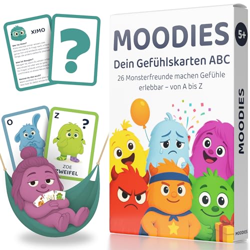 MOODIES Gefühlskarten für Kinder Kartenspiel ab 5 Jahre, Besser fühlen Gefühlskarten, Buchstaben Lernen EIN gutes Gefühl, Gefühlsmonster Karten, pädagogisch wertvoll Emotionskarten für Kinder Gefühle von MOODIES