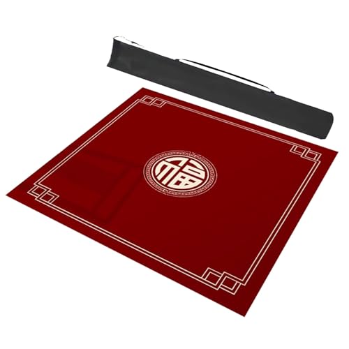 MOOFUT Mahjong-Tischdecke Dicke Mahjong-Matte Mit Rand, rutschfeste Und Geräuschreduzierende Mahjong-Tischmatte, Aufrollbare Gaming-Matte Mit Tragetasche (Color : Red-2, Size : 51.2x51.2inch) von MOOFUT