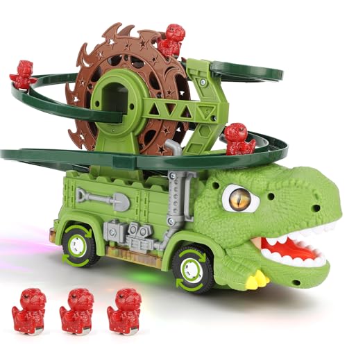 Dinosaurier Trackset, Autorennbahn Mit 6 Dino Fahrzeug, Achterbahn Mit Musik Blinkende LED-Leuchten - Spielzeug für Kinder Jungen 2-5 Jahre Alt von MOOKLIN ROAM