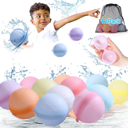 MOOKLIN ROAM Wiederverwendbare Wasserballons, 12 Stück Silikon-Wasserspritzball mit Netzbeutel, Schnell Befüllbare Weiche Wasserbälle in bunten Farben für Kinder Wasserkampfspiel, Sommer Draussen von MOOKLIN ROAM