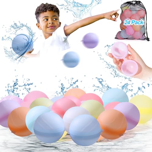 MOOKLIN ROAM Wiederverwendbare Wasserballons, 24 Stück Silikon-Wasserspritzball mit Netzbeutel, Schnell Befüllbare Weiche Wasserbälle in bunten Farben für Kinder Wasserkampfspiel, Sommer Draussen von MOOKLIN ROAM