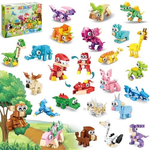 MOONTOY 24 Stück Mitgebsel Kindergeburtstag Gastgeschenke, 3 IN 1 740 PCS Mini Bausteine Tiere Konstruktionsspielzeug, Dinosaurier Baustein Spielzeug Geburtstag Party Geschenke 3-12 Jungen und Mädchen von MOONTOY