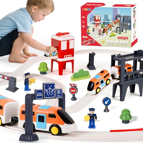 MOONTOY 37-teiliges Elektrisches Kinderzugset – Magnetische Eisenbahn zum Selberbauen mit Brücke, Schildern & Stadtzubehör, Kreatives Bausatz Geschenk für Jungen & Mädchen ab 3 Jahren von MOONTOY