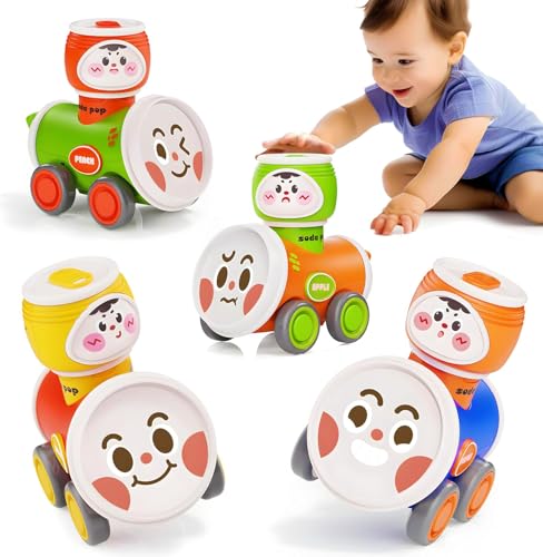 MOONTOY Auto Spielzeug, Baby Spielzeug 1 2 3 Jahr Jungen und Mädchen, 4 Stück Press-and-Go Spielfahrzeug Set, Getränke Spielzeugautos ab 1 Jahr Lernspielzeug Geschenk für Kinder ab 12 18 Monaten von MOONTOY