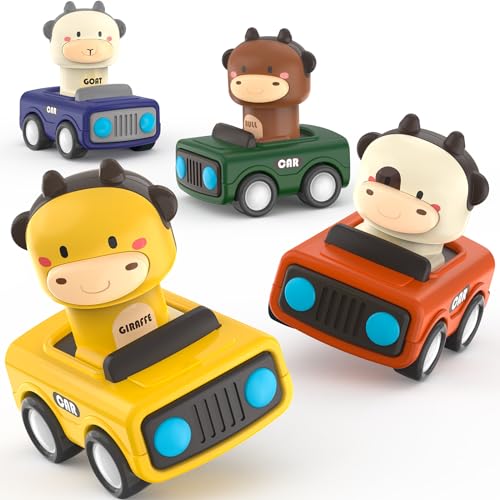 MOONTOY Auto Spielzeug ab 1 Jahr Jungen und Mädchen,4 Stück Spielzeugauto Baby-Tier-Rennwagen,Press-and-Go Spielfahrzeug Set für Kleinkinder 10 12 18 Monate,Geschenk für Kinder ab 1 2 3 Jahr von MOONTOY
