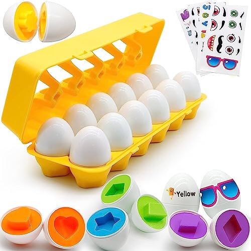 MOONTOY Passende Puzzle Eier für Kleinkinder, 12 Pcs Farbe & Form Sortierung Anerkennung Eier für 1 2 3 Jahre Jungen Mädchen, Passende Eier Frühes Lernen Feine Motor Geschicklichkeit Geschenke von MOONTOY